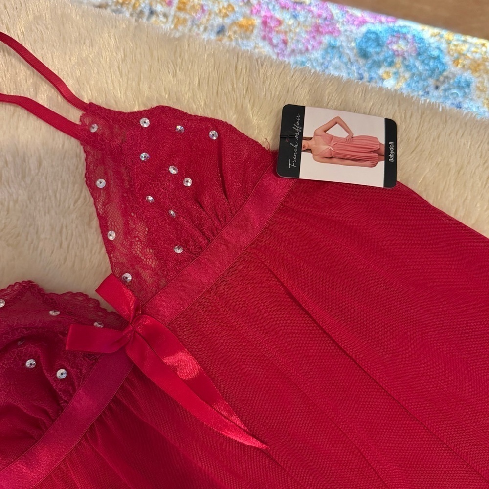 nwt French Affair Red Sheer Lace Babydoll Chemise with Sequin Detail M Medium - Picture 4 of 6